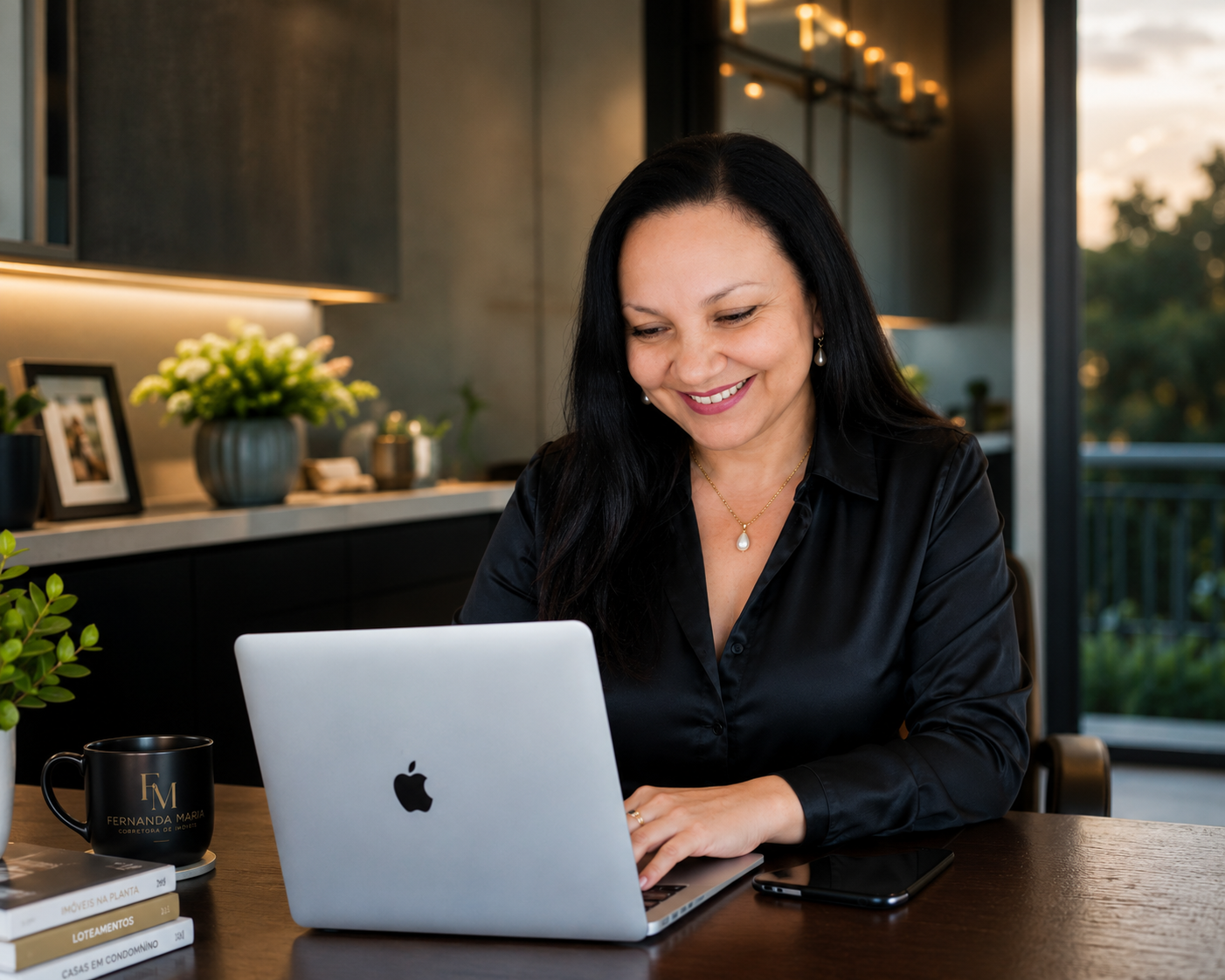 Fernanda Maria trabalhando com seu notebook em ambiente refinado